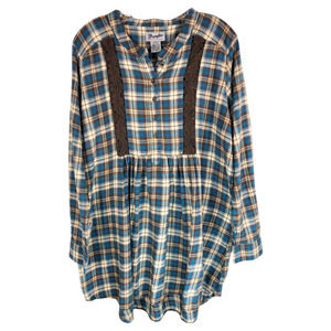 vintage Wrangler Large Blouse Top Plaid Babydoll Lace Brown Blue Tunic Long 1039